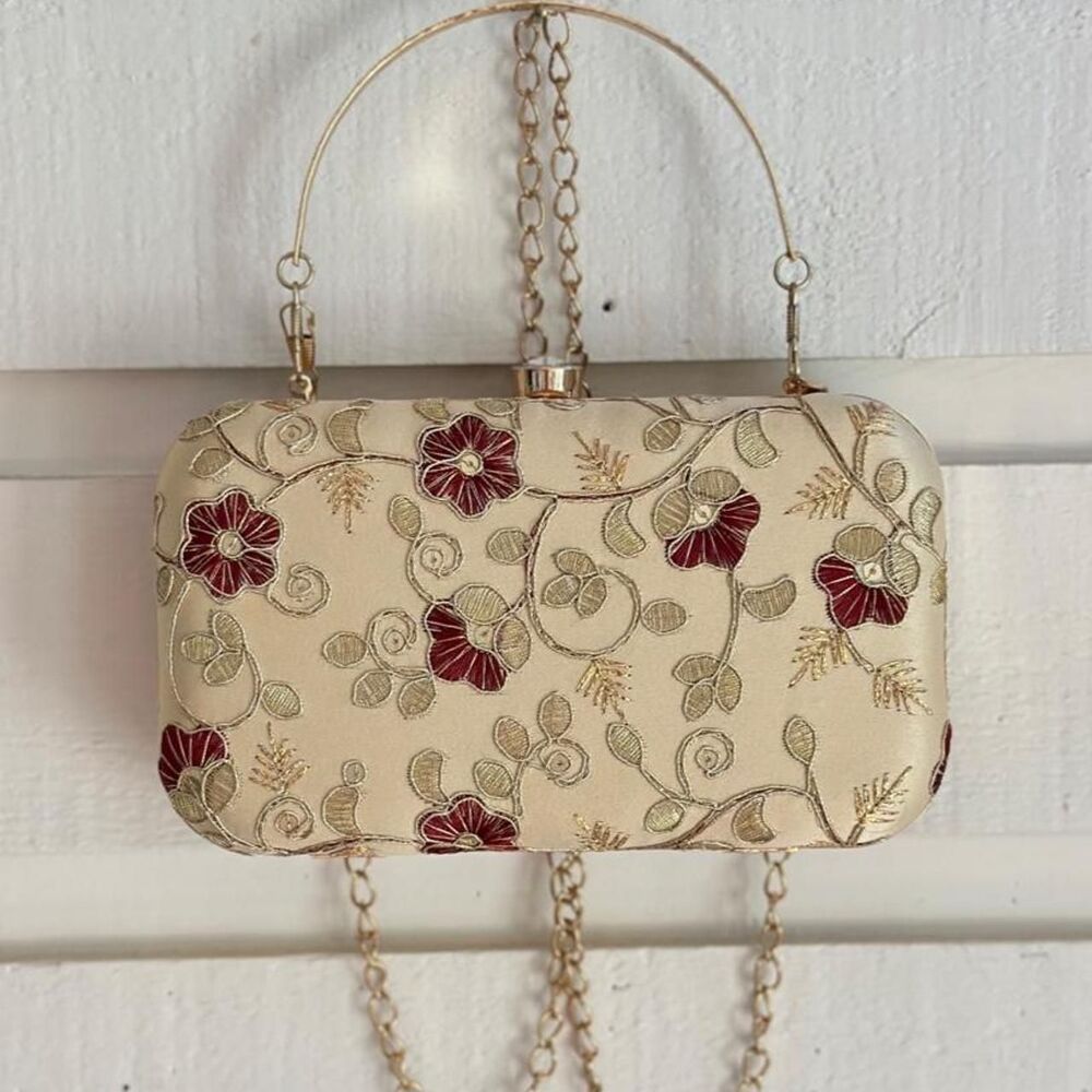 Longing To Buy Embroidered Box Clutch Bag Ivory Gold Maroon Floral
